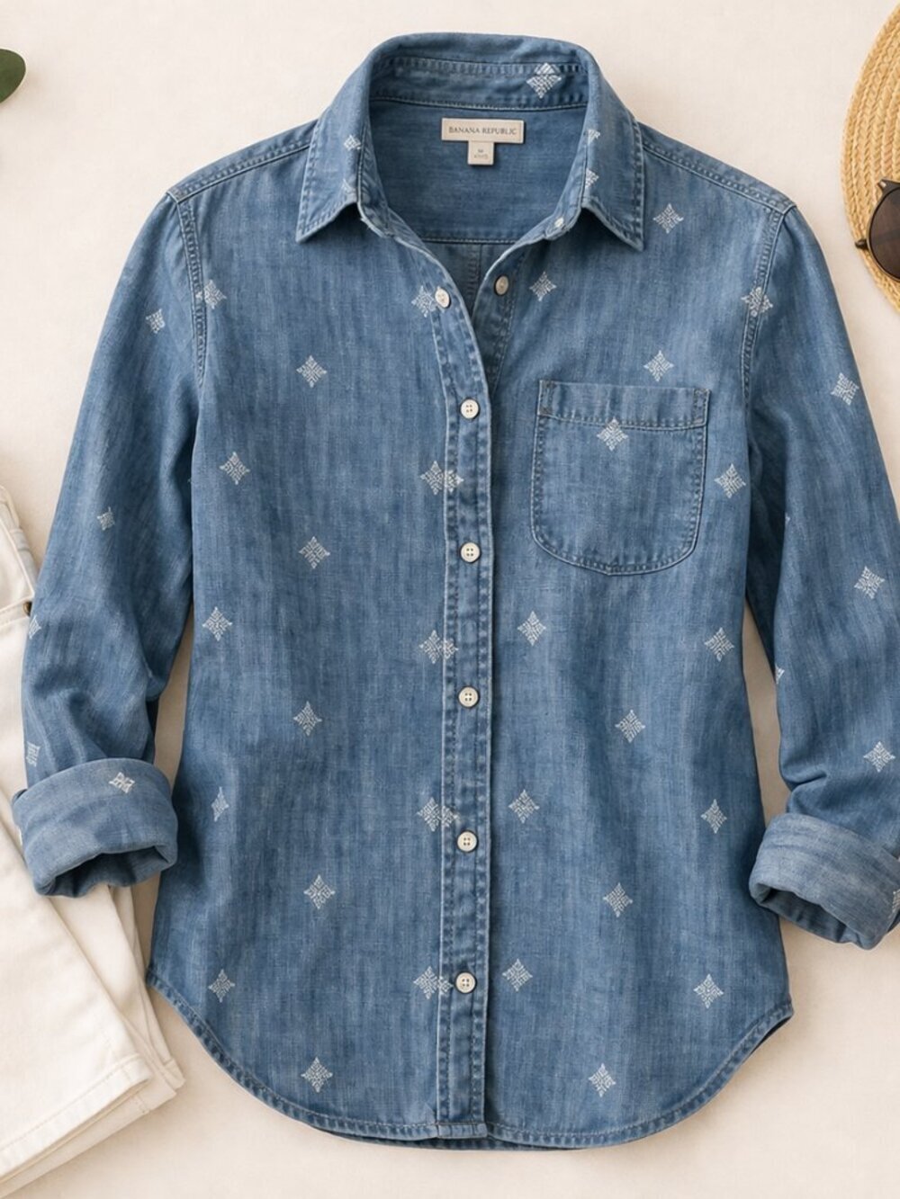 American Eagle Embroidered Chambray Button-Up Shirt – Size XS